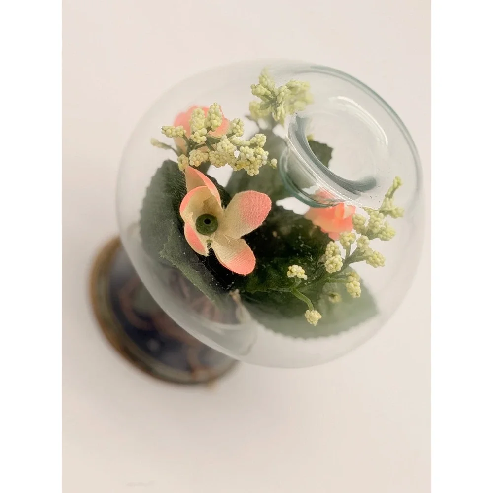 Vintage Glass Terrarium Votive Candle Holder Faux Pink Flowers Metal Base Orb